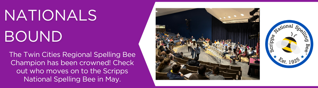 Purple banner with text about the Twin Cities Spelling Bee and a photo of contestants on stage and Scripps logo.