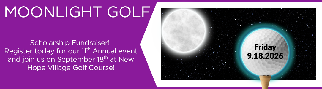 Golf ball and moon on dark sky, text: Moonlight Golf fundraiser, September 18, 2026, New Hope Village Golf Course.