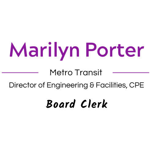 purple font "marilyn porter"
black font "metro transit director of engineering and facilities, cpe board clark"