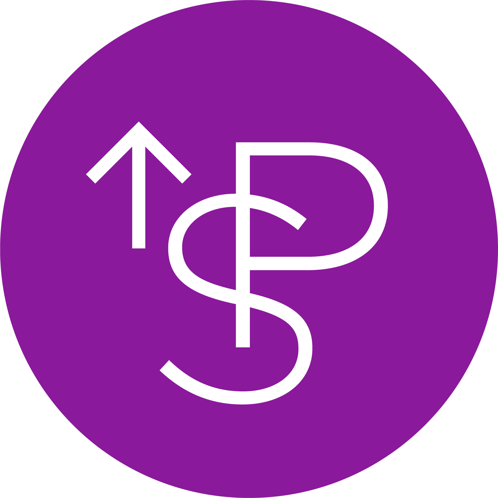 purple circle with white text "s & P" intertwined and arrow pointed upwards