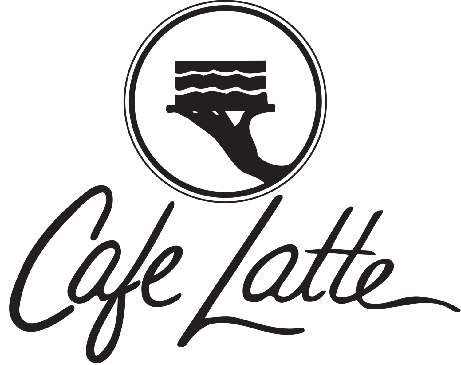 Logo of Cafe Latte featuring a hand holding a slice of cake within an oval, with "Cafe Latte" written below in cursive text.
