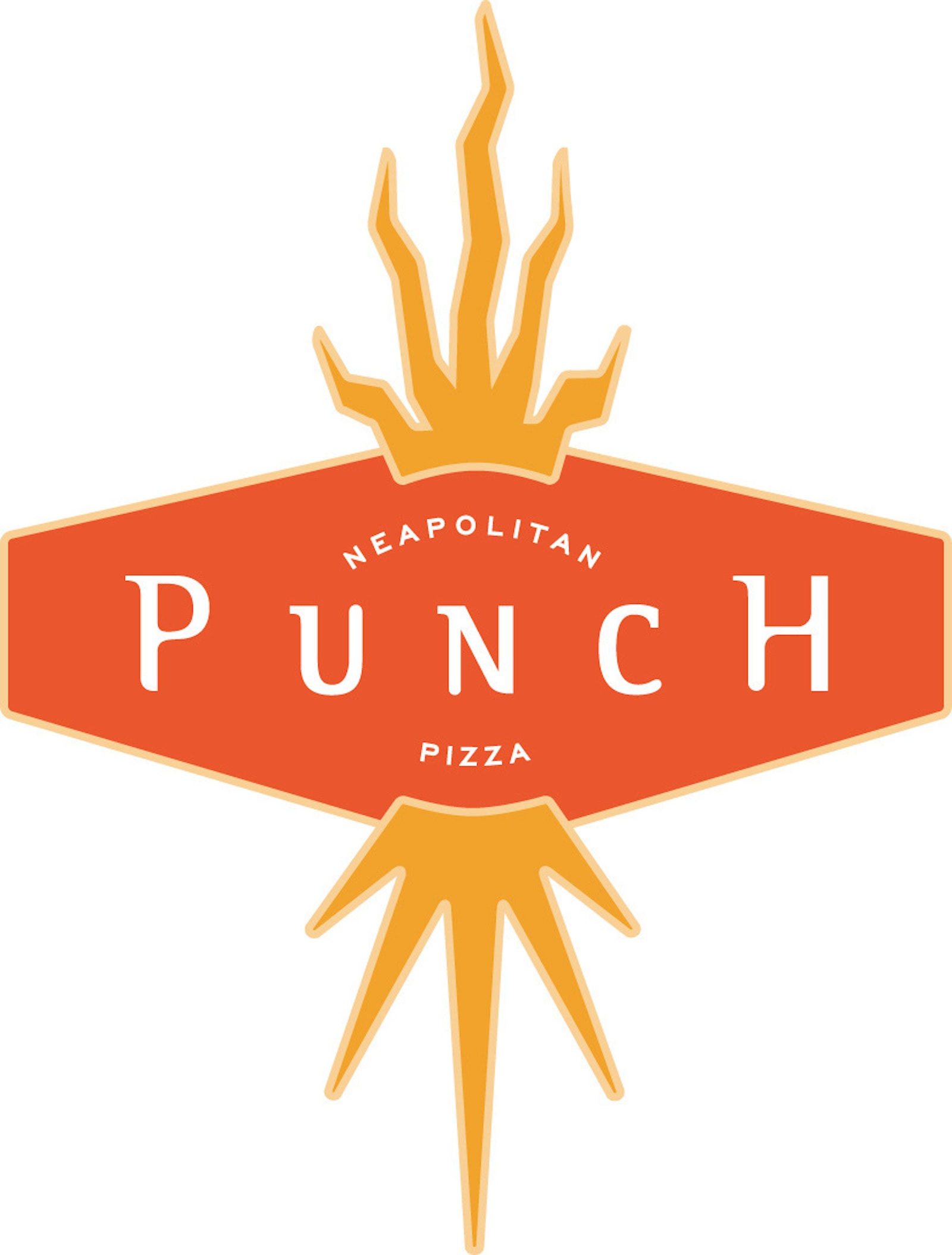 Logo of Punch Neapolitan Pizza with a red-orange background and yellow flame-like designs above and below the text.