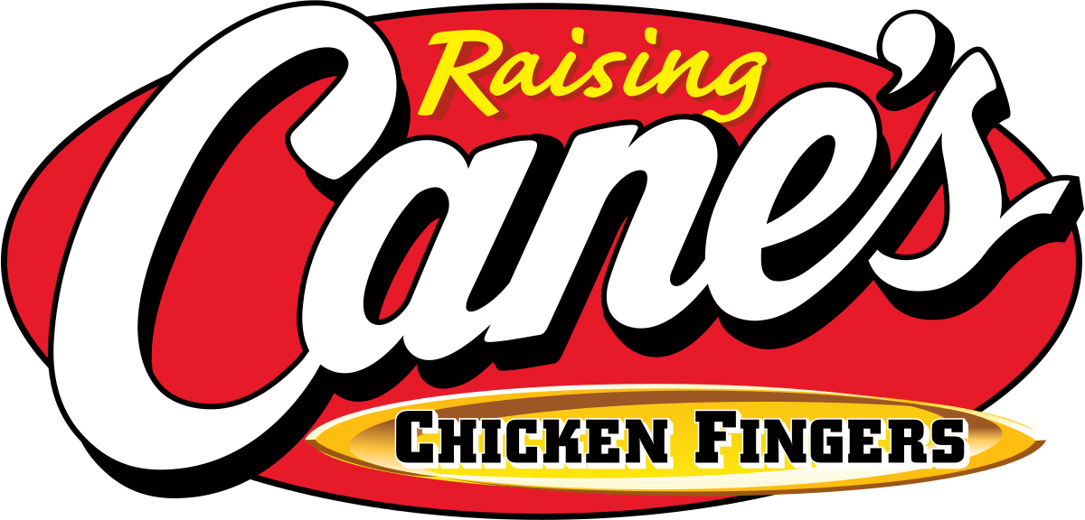 Logo of Raising Cane's Chicken Fingers with "Raising Cane's" in large white and "Chicken Fingers" in yellow text on a red background.