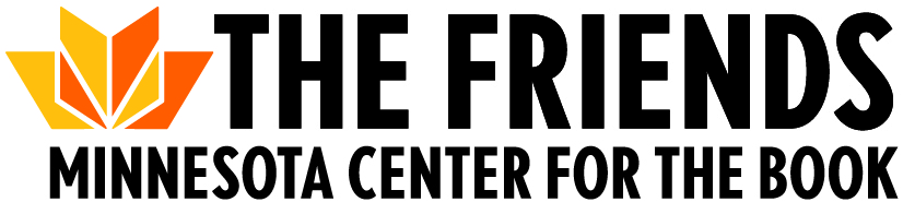 Logo of The Friends Minnesota Center for the Book with a stylized orange and yellow book symbol on the left.