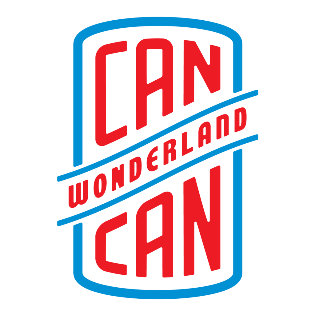 Logo of Can Can Wonderland with red text inside a blue-outlined can shape.