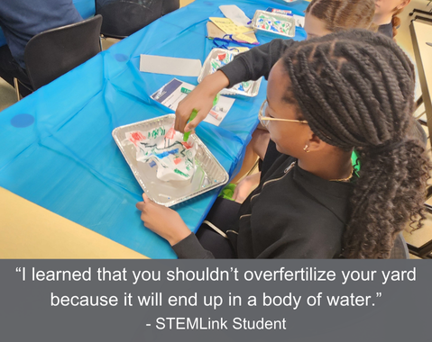A girl works on a STEM project at a table; the caption reads, "I learned that you shouldn't overfertilize your yard because it will end up in a body of water. -STEMLink Students"