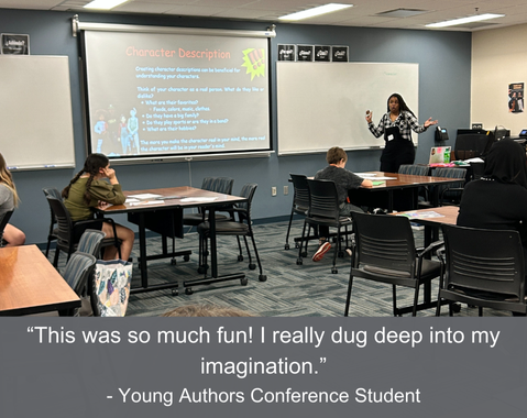 A speaker presents to students in a classroom with a slide titled "Character Description" displayed on the screen; the caption below reads "This was so much fun! I really dug deep into my imagination. - Young Authors Conference student"
