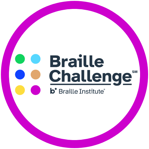 Braille Challenge logo within a magenta circle, featuring colorful dots and the text "Braille Challenge" and "Braille Institute.