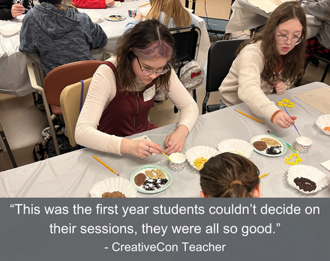 Students decorating cookies at a table. A quote about session quality is displayed below.
