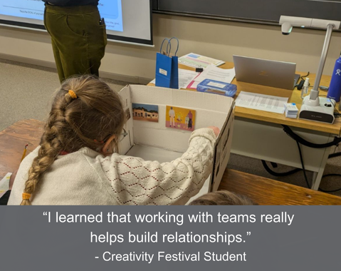 Child working on a project in a classroom with a quote about teamwork at the bottom.