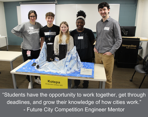 A group of five students stands behind a model city. A quote about teamwork is displayed below.