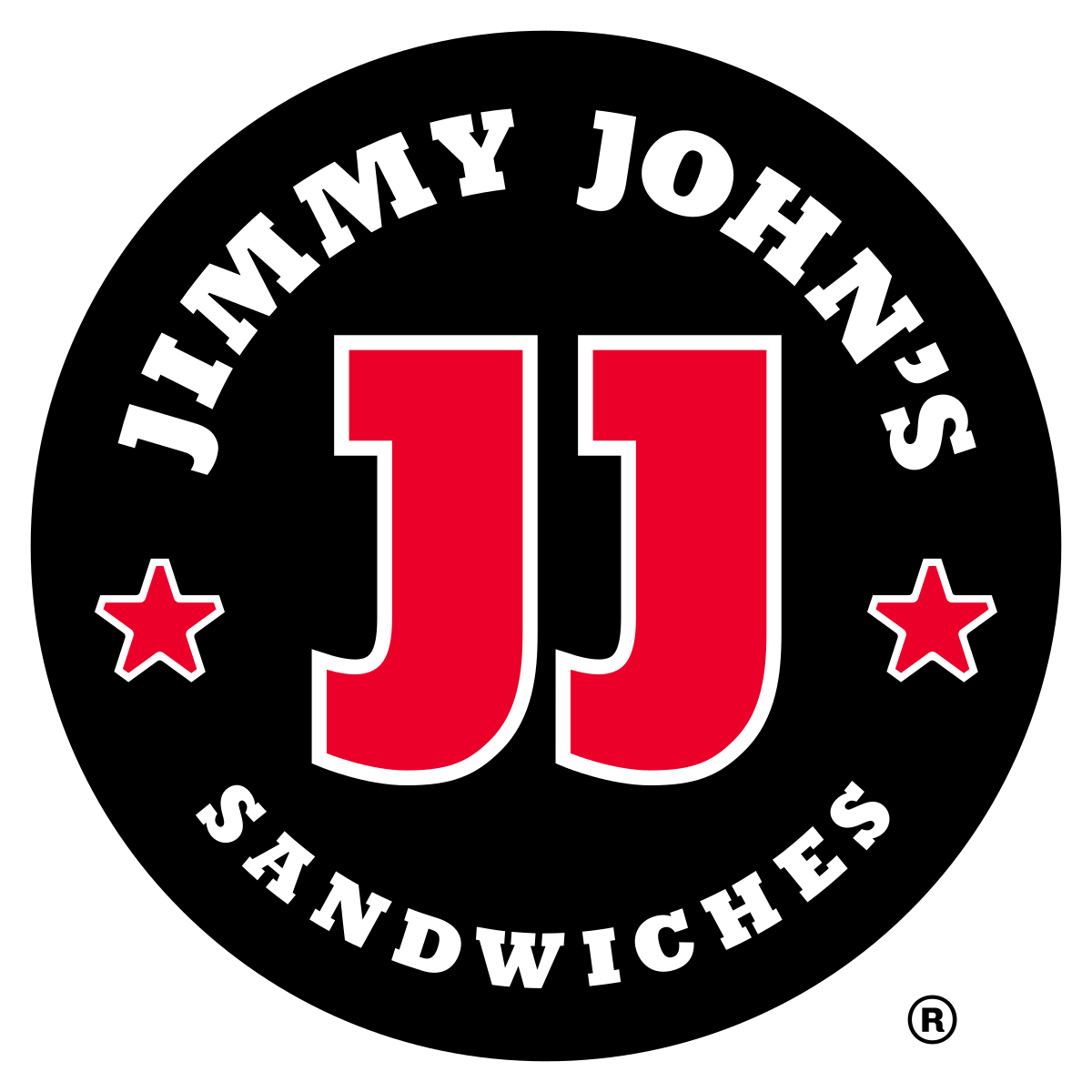 Jimmy John's Sandwiches logo with red "JJ" and stars on a black circular background.