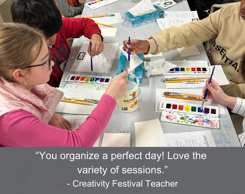 Children painting with watercolors at a table, with a positive quote from a Creativity Festival Teacher below.