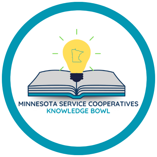Logo of Minnesota Service Cooperatives Knowledge Bowl with an open book and light bulb showing a state outline.