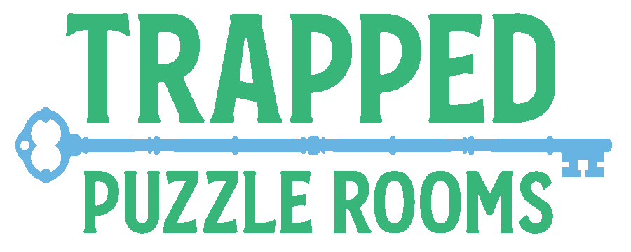 Trapped Puzzle Rooms logo with a blue key graphic under green text.