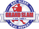Logo with a red baseball player silhouette and text: "EAT. SLEEP. GRAND SLAM. PLAY. REPEAT. est. 1989.