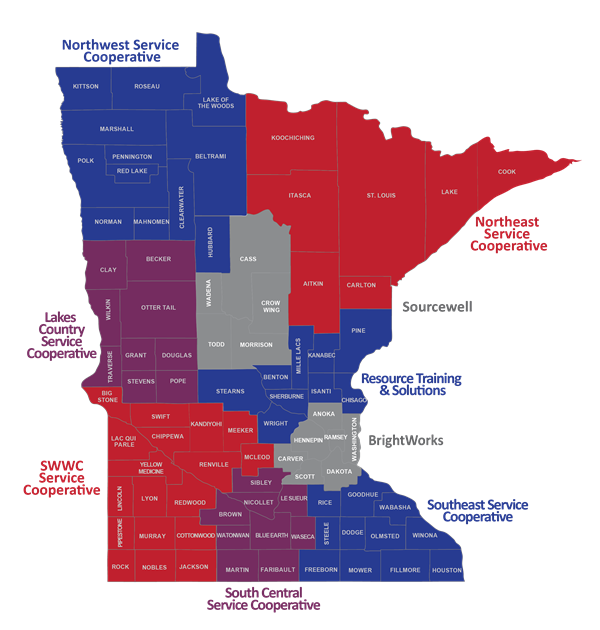Color-coded map of Minnesota showing regions served by different education service cooperatives.