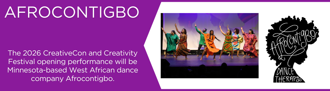Five dancers in colorful attire perform on stage; Afrocontigbo dance company logo is shown.