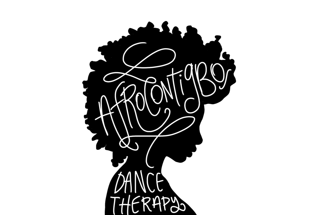 Silhouette of a woman with "Afrocontigbo Dance Therapy" written in her hair and shoulder outline.