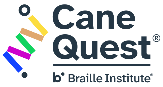 Cane Quest logo with colorful zigzag cane and Braille Institute text underneath.