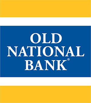 Old National Bank logo with white text on a blue background and yellow borders.