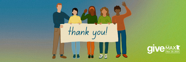 Five people holding a "thank you!" sign; "Give to the Max" logo in the corner.