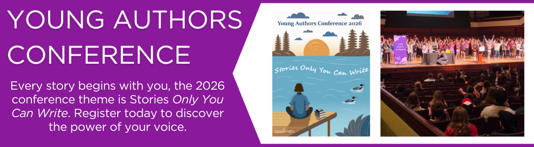 Banner for the Young Authors Conference 2026 with event details and illustrated poster.