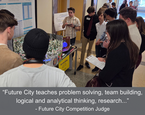 Students present a city model to judges and peers at the Future City Competition.