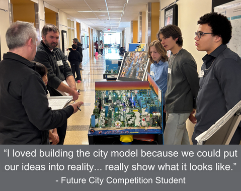 Students present a detailed city model to judges in a school hallway during the Future City Competition.