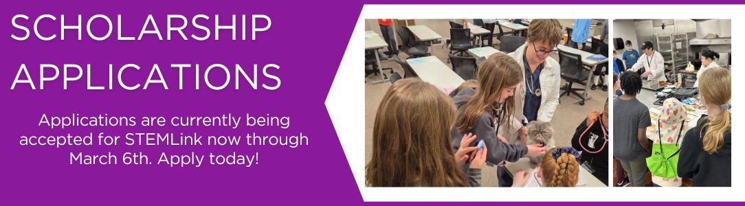 Scholarship applications banner with students and adults engaging in STEM activities in a classroom setting.