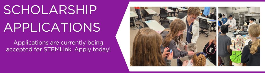 Scholarship applications open; students interact with instructors and animals in a classroom setting. Apply for STEMLink!.