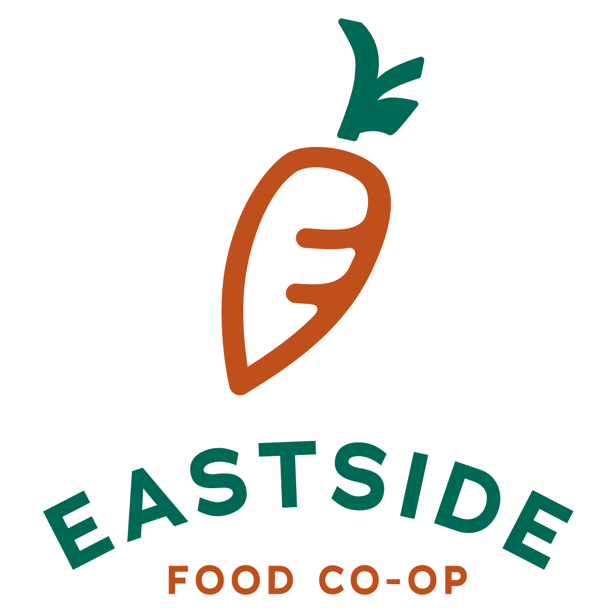 A simple carrot illustration above the text "EASTSIDE FOOD CO-OP" in green and orange.