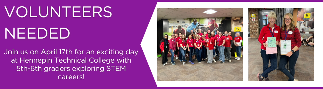 Volunteers needed for STEM event April 17; group photo and two women holding STEM projects shown.