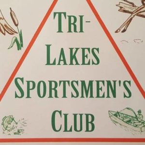 Tri-Lakes Sportsmen's Club logo with drawings of cattails, a boat, and fishing equipment around the border.