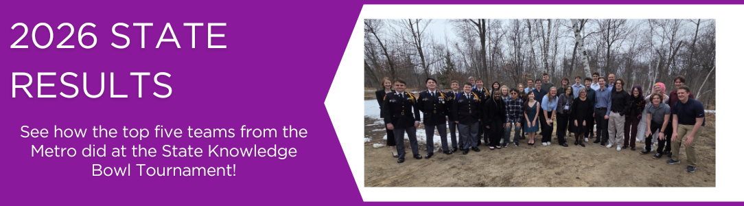 A group of students stands outdoors; text reads "2026 State Results" and mentions a Knowledge Bowl tournament.
