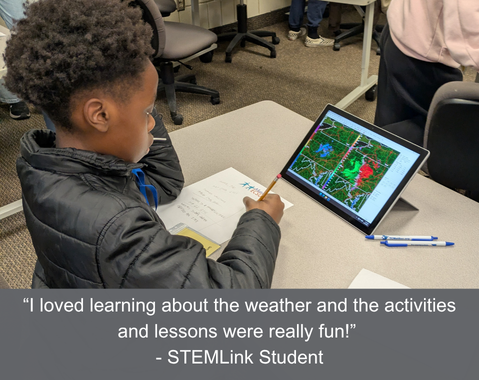 A student studies weather maps on a tablet while taking notes at a classroom desk.
