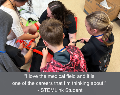 Four students practice a medical procedure on a mannequin arm, with a quote about interest in the medical field.