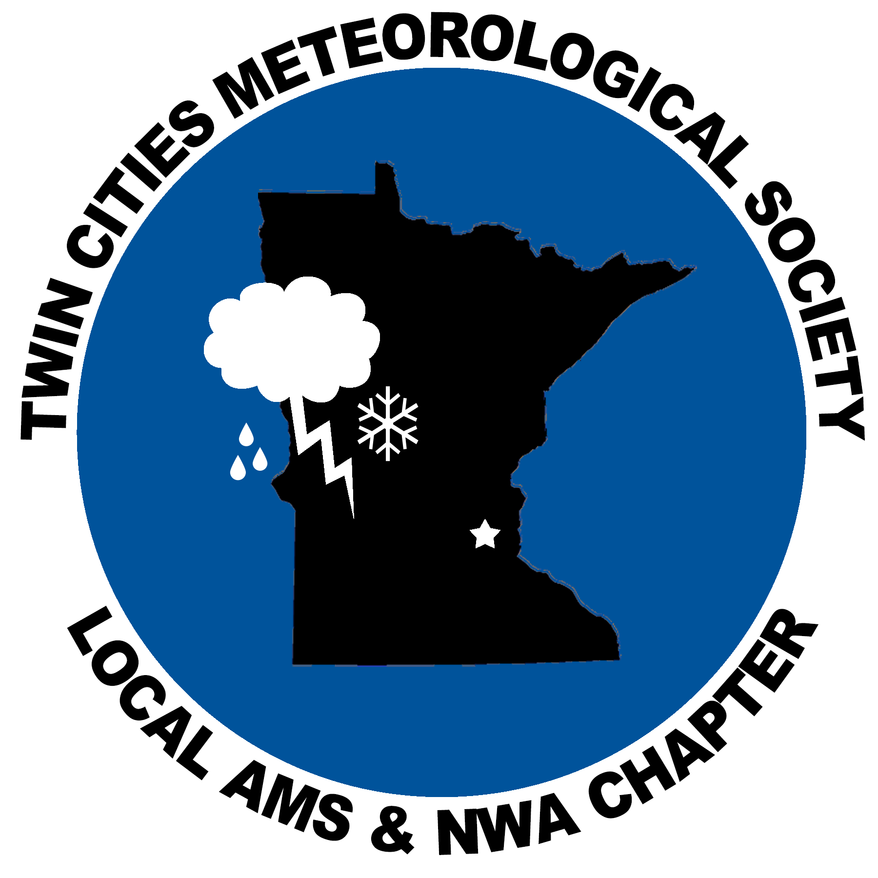 Black Minnesota silhouette with weather icons and white text for Twin Cities Meteorological Society on blue circle.