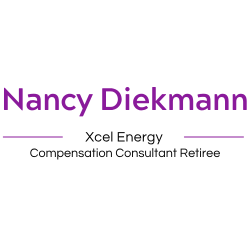 Text reads: "Nancy Diekmann, Xcel Energy, Compensation Consultant Retiree" in purple and black font.