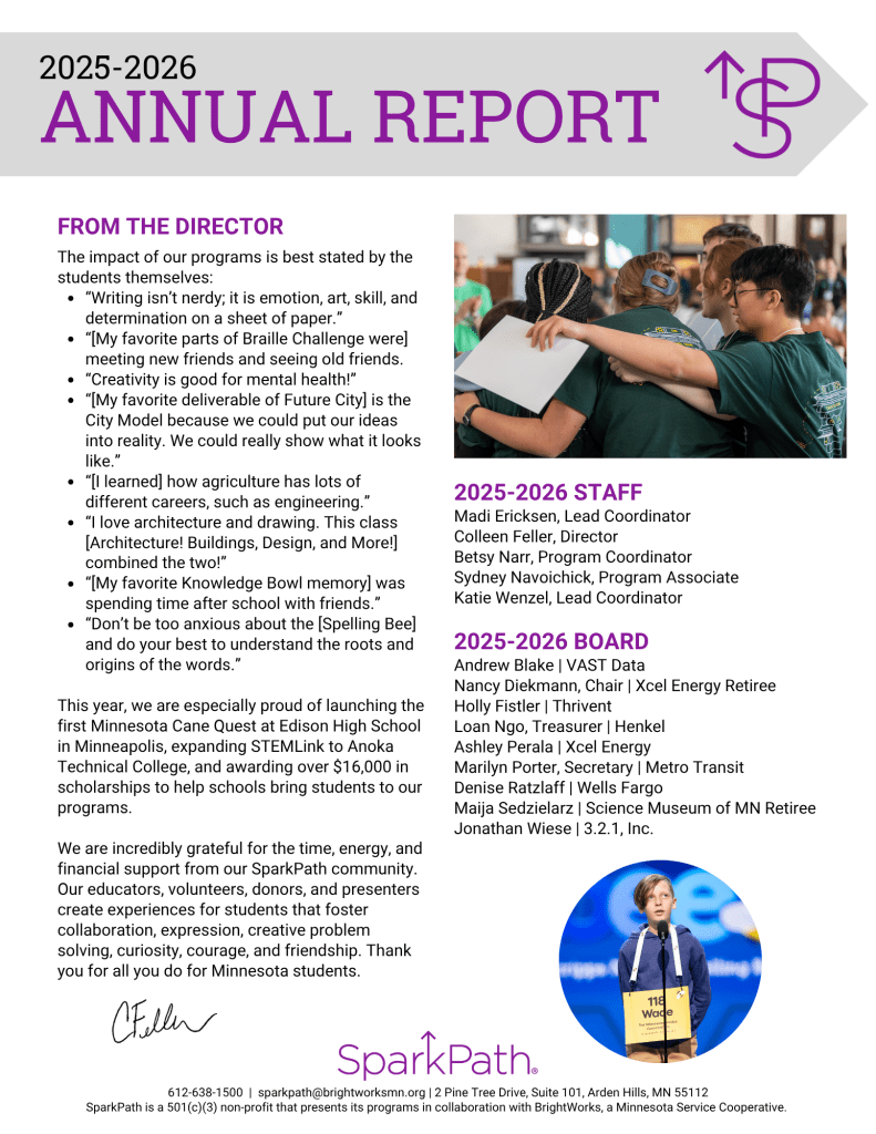 Annual report page with director’s note, staff list, SparkPath logo, and student photos.