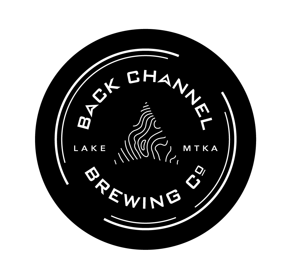 Black circular logo with “Back Channel Brewing Co” and a stylized topographic design in the center.