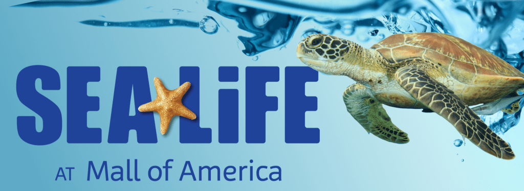 Sea turtle swimming near “SEA LIFE at Mall of America” text with a starfish replacing the letter A.