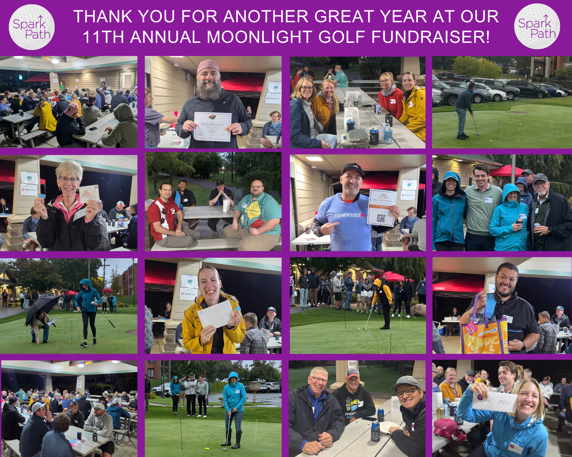 Collage of people golfing, posing, and smiling at a Spark Path Moonlight Golf Fundraiser event.