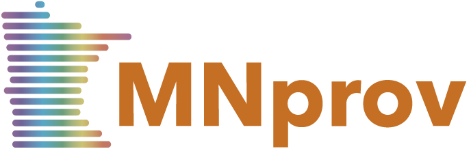 Logo for MNprov featuring an outline of the state of Minnesota with a rainbow gradient next to the text “MNprov.”.